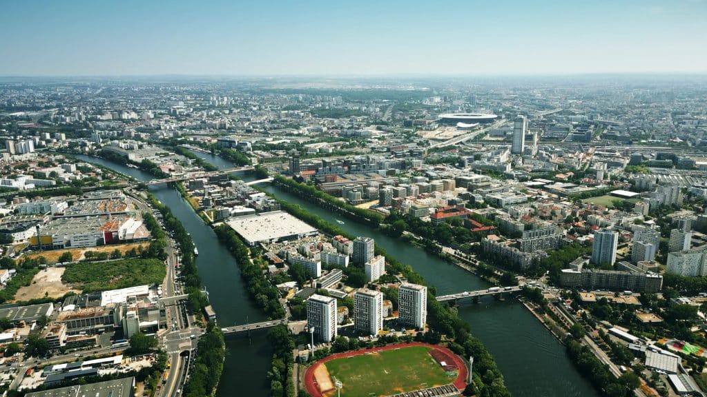 Aerial,View,Of,Saint-denis,Involving,The,Seine,River,And,Famous